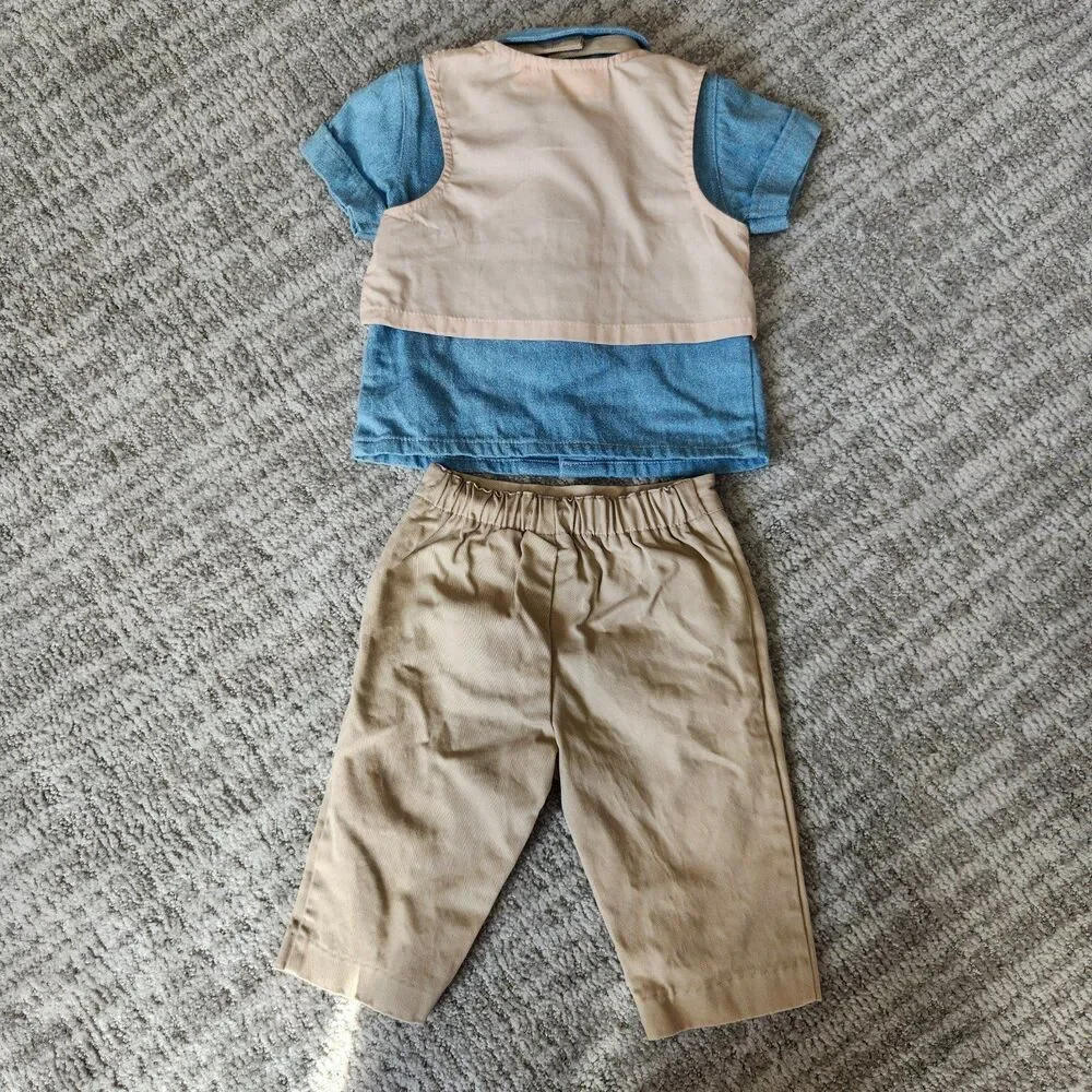 Little Bitty boys 4 piece outfit denim seersucker khaki size 3-6 months